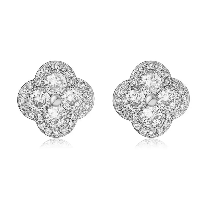 Earrings, flower-shaped with clear CZ stones in silver-tone metal, 1 pair