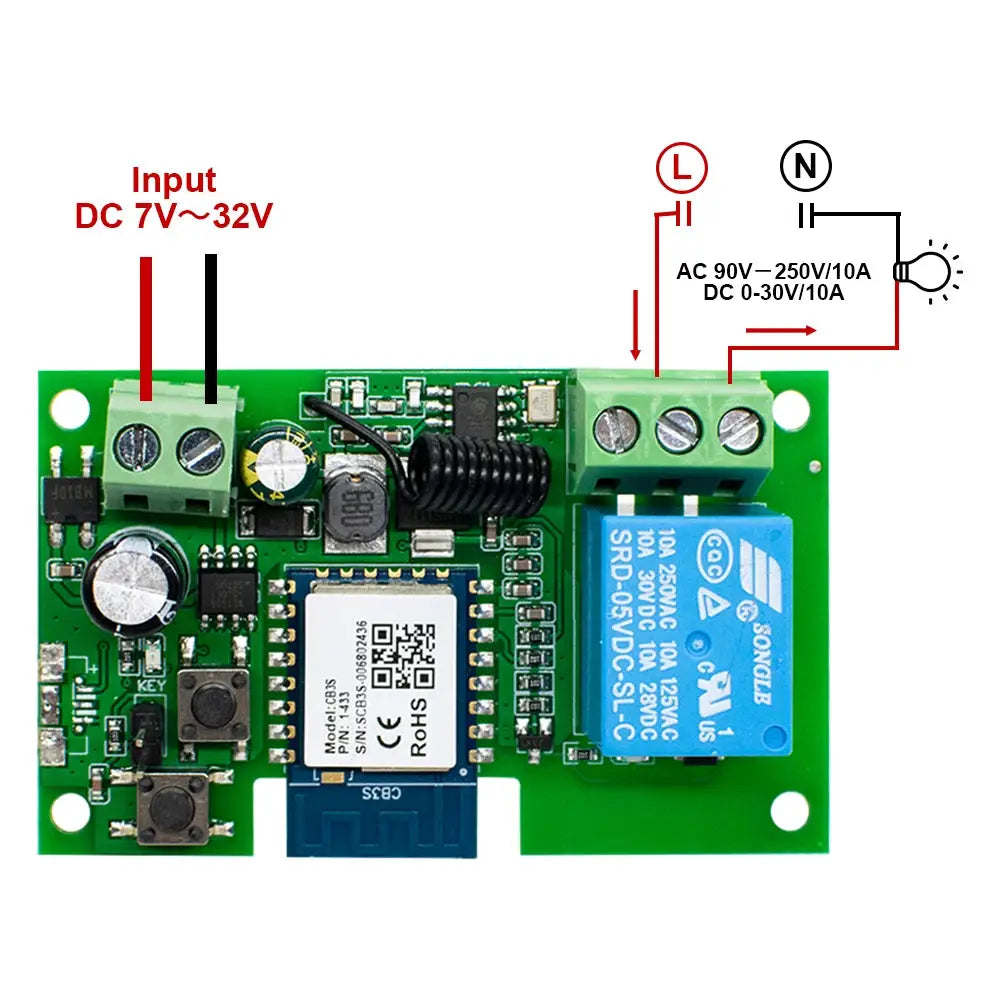 WIFI Smart Garage Gate Relay Module on green PCB with blue Songle relay