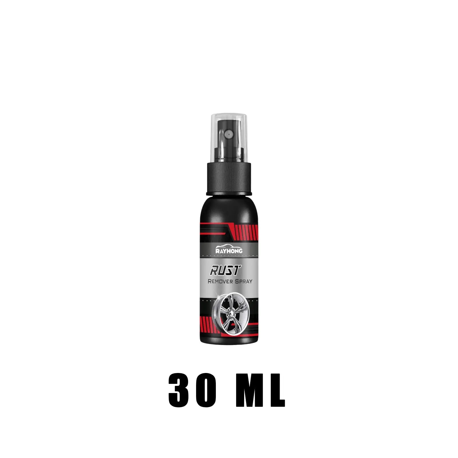 Rust remover spray Rayhong, 30 ml, black bottle with red/gray label for car wheels and metal surfaces.