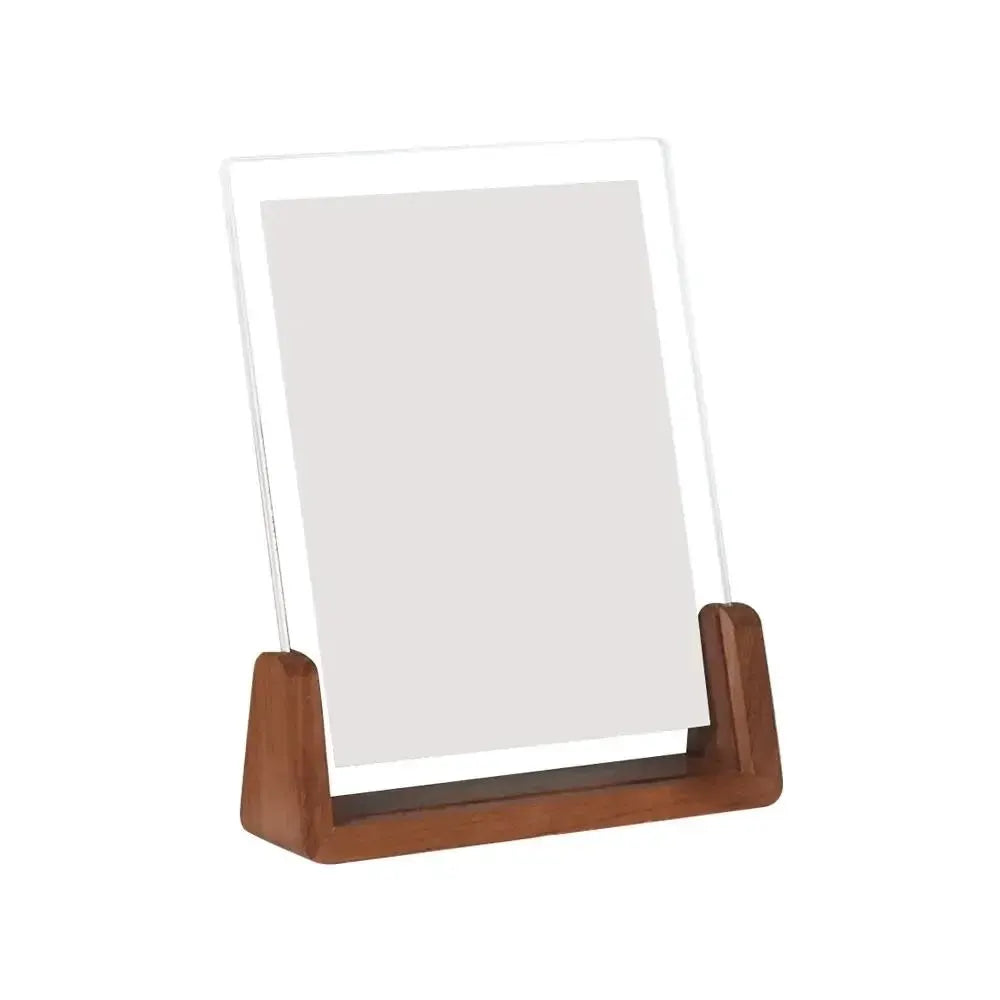 Walnut wood desktop photo frame with clear acrylic U-shaped stand.
