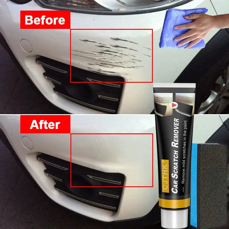 Car Scratch Remover paste by Simples Market; black and gold tube shown beside before/after car bumper scratch repair.