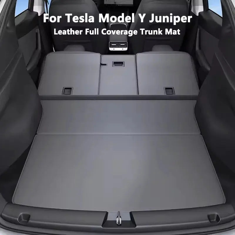 Simples Market Tesla Model Y Juniper leather trunk mat, full coverage cargo liner with side guards, gray