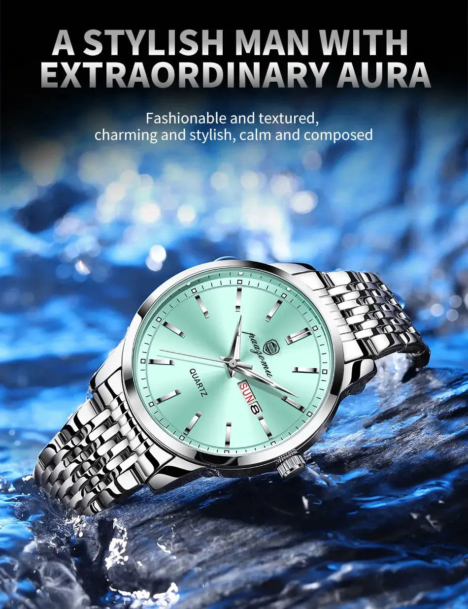 PAAZOMU luxury men's stainless steel quartz watch with mint green dial, date window, luminous hands, waterproof, box