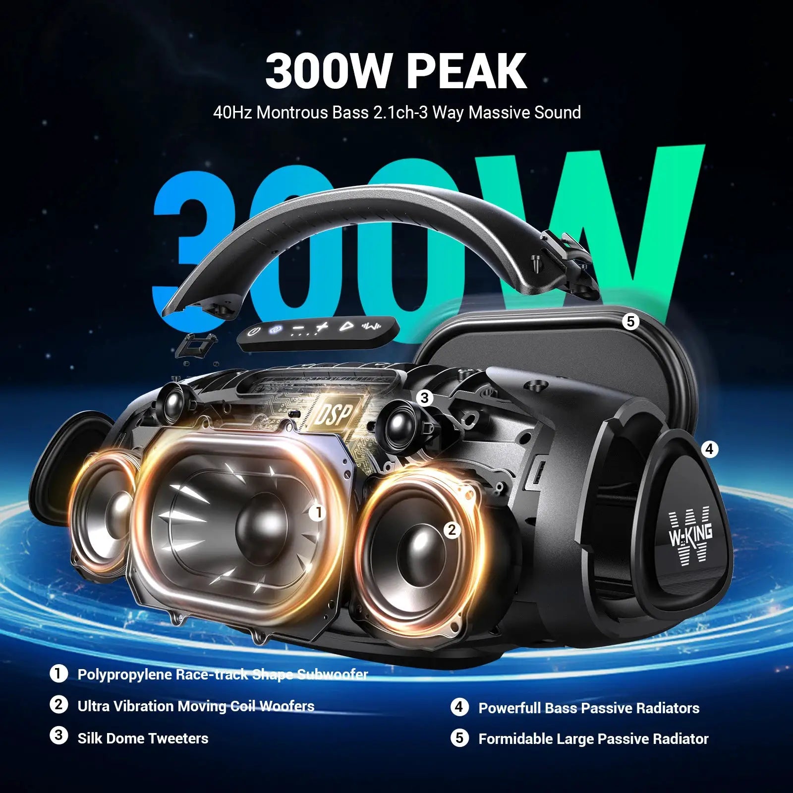 W-KING X20 200W RMS portable Bluetooth speaker with 300W peak, IPX7 waterproof outdoor boombox