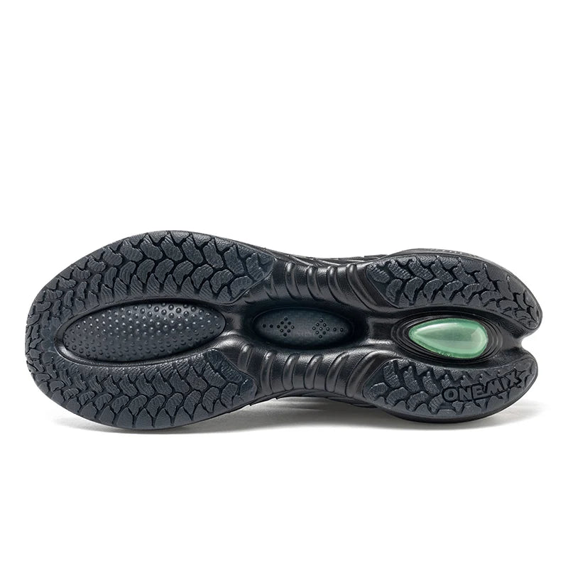 ONEMIX men's running shoes outsole in black with rugged tread and green cushioning window