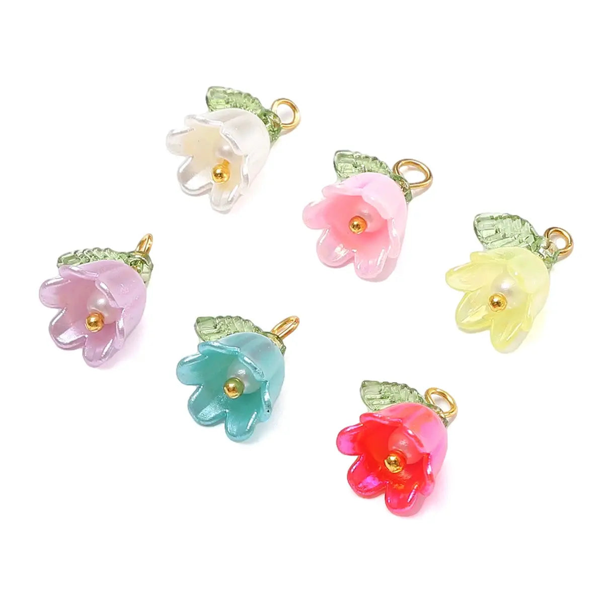 Six 11x14mm acrylic lily-of-the-valley beads with green leaves and gold loops, assorted colors