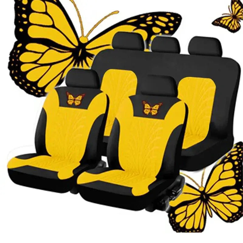 Car seat cover full set with yellow butterfly embroidery on black fabric; fits 4 seats (2 front, 2 rear)
