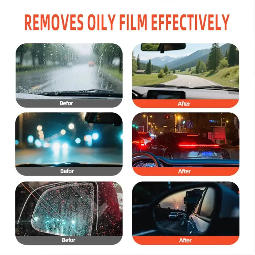 Simples Market car glass cleaner gel foam anti-fog coating, 100g; six-panel before/after windshield clarity demo