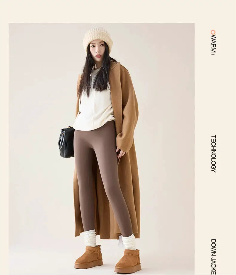 Simples Market BIVIGAOS women's high-waist fleece-lined sharkskin leggings, brown, seamless slim-fit.