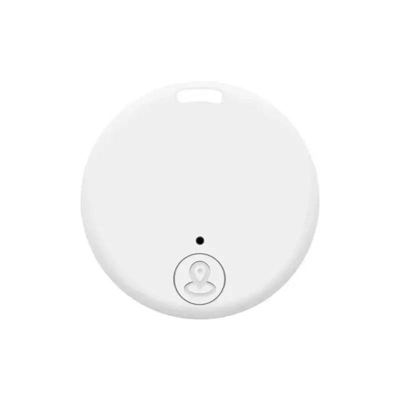 GPS tracker round white device with attach loop and front button, Bluetooth 5.0 anti-lost