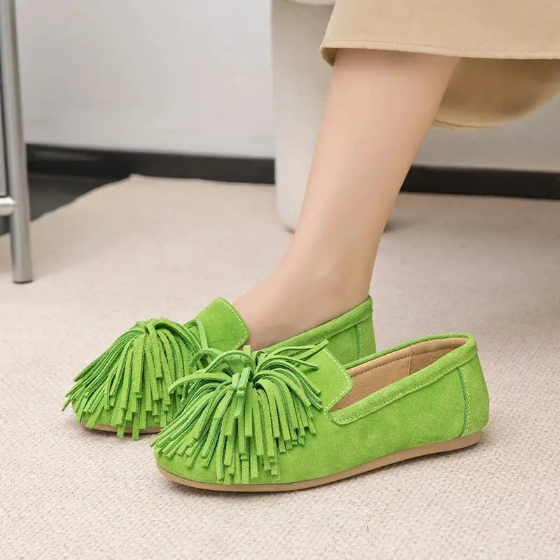 AIYUQI Women Genuine Leather Tassel Loafers Mary Jane Flat Shoes
