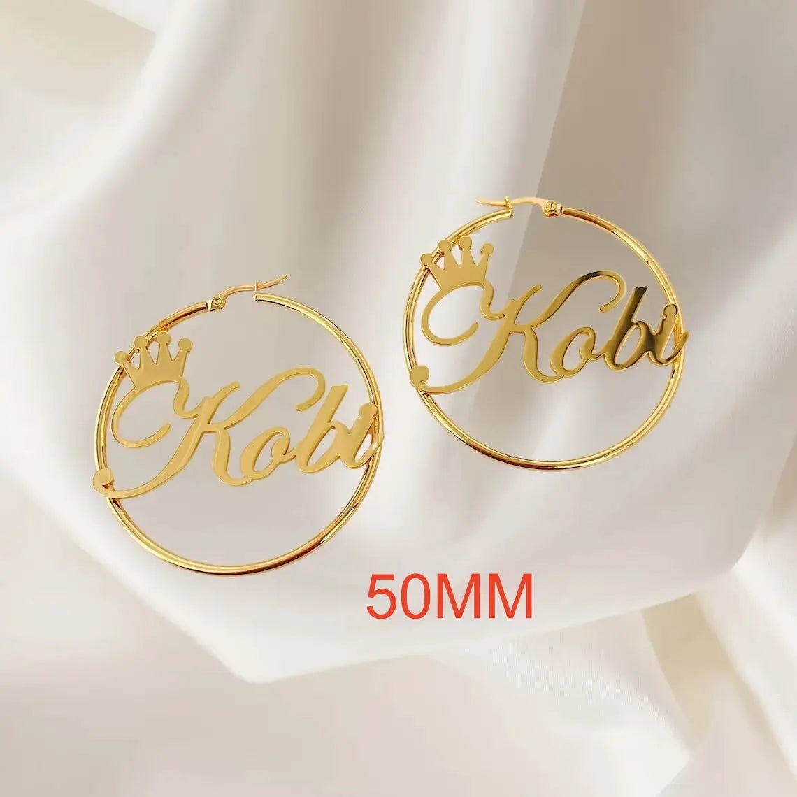Custom crown name hoop earrings, gold-tone stainless steel, 50mm pair with scripted name and crown motif