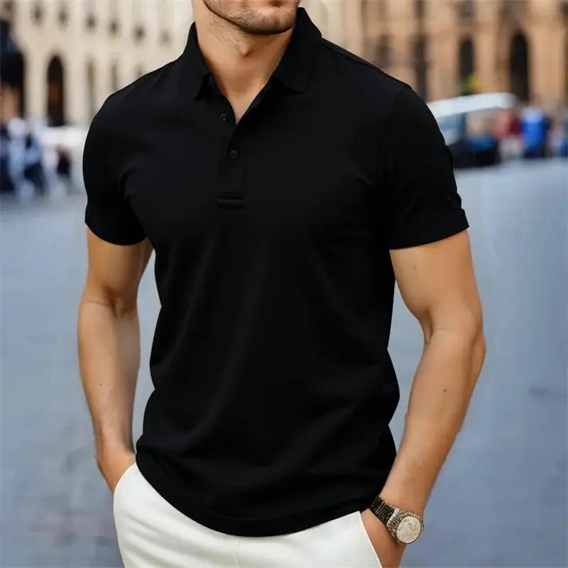 Men's black polo shirt with collar, short sleeves; breathable, versatile top.