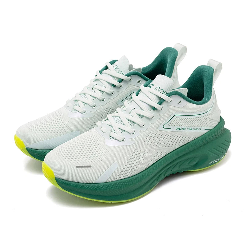 ONEMIX men’s breathable running shoes, white/green pair with neon yellow toe caps