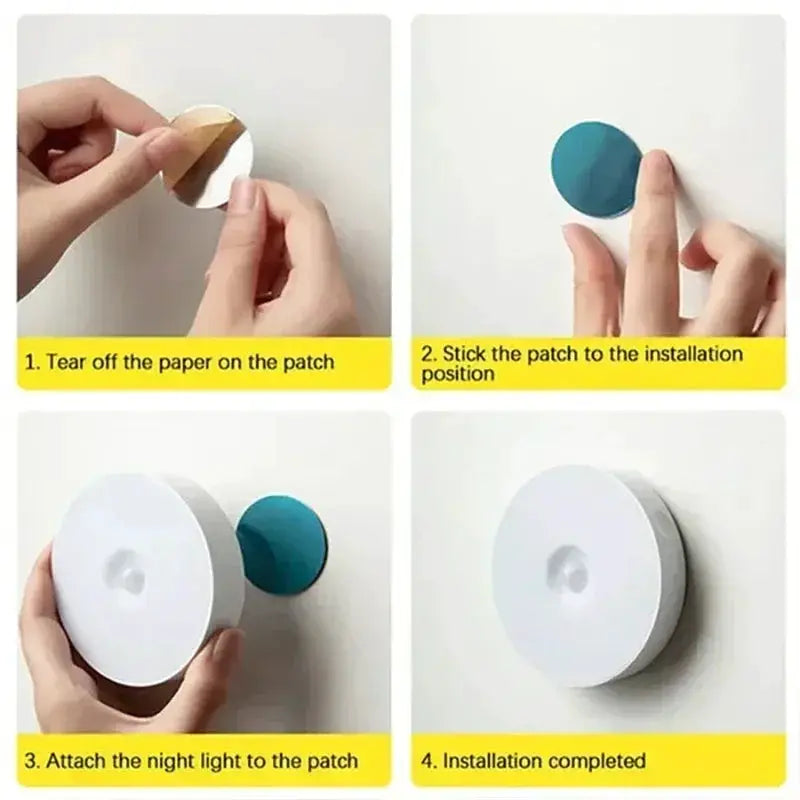 Simples Market motion sensor night light, white round LED with adhesive patch for wall mounting, installation steps.