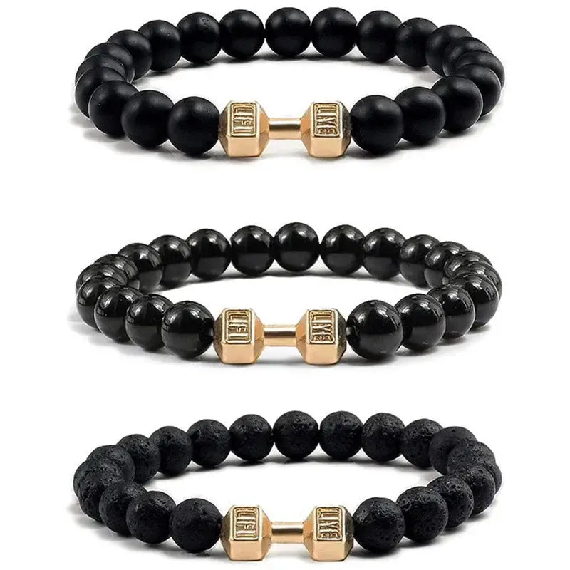 Natural Black Volcanic Lava Stone Dumbbell Bracelet With Matte Beads For Men And Women Fitness Jewelry