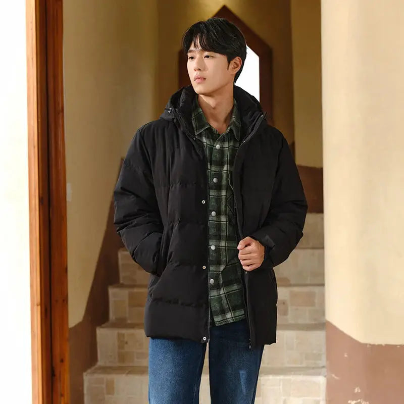 Semir men's black hooded down jacket, mid-length puffer coat