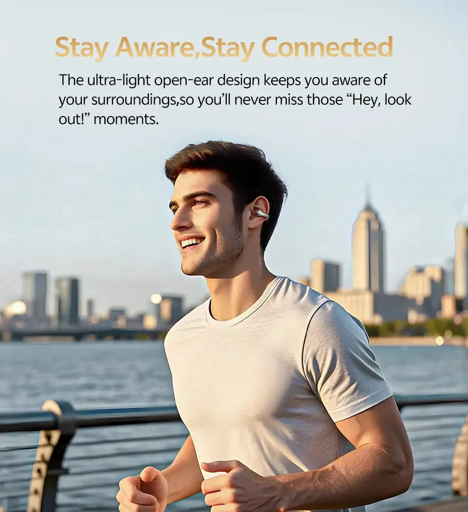 QCY Crossky C30S open-ear wireless earphones, white clip-on earbuds worn by a man jogging by the waterfront