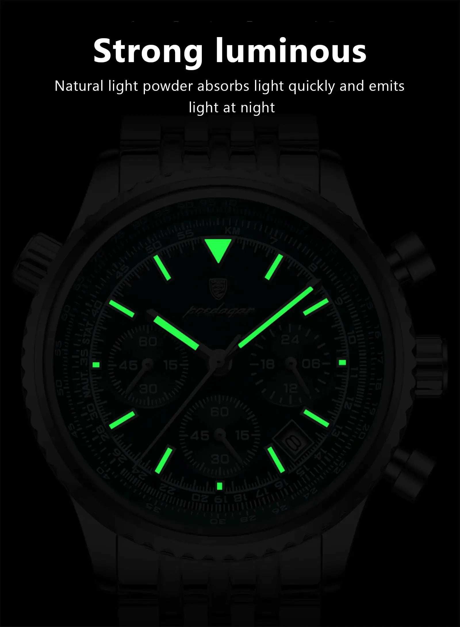 POEDAGAR men's stainless steel chronograph watch with luminous green hands and date window by Simples Market