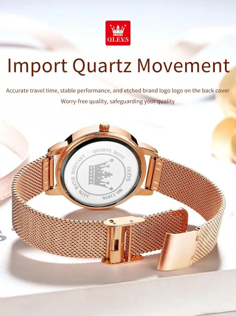 OLEVS 5189 women's quartz watch with rose-gold mesh steel strap and heart design, water resistant.