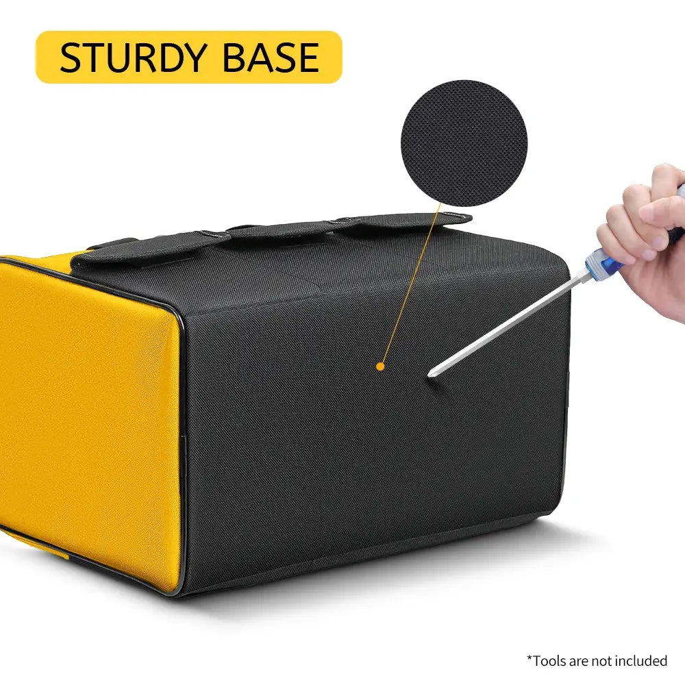 17 Inch tool bag by Simples Market with black body, yellow sides, sturdy base, and 6 exterior pockets