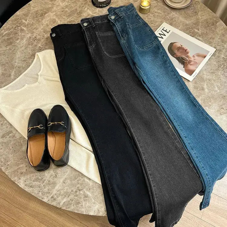 High Waist Loose Jeans Pockets Vintage Washed Denim Flare Trousers