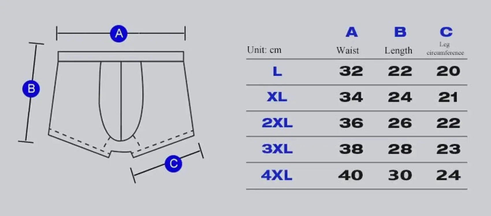 Men’s boxer shorts diagram with measurement guide showing waist, length and leg circumference; black