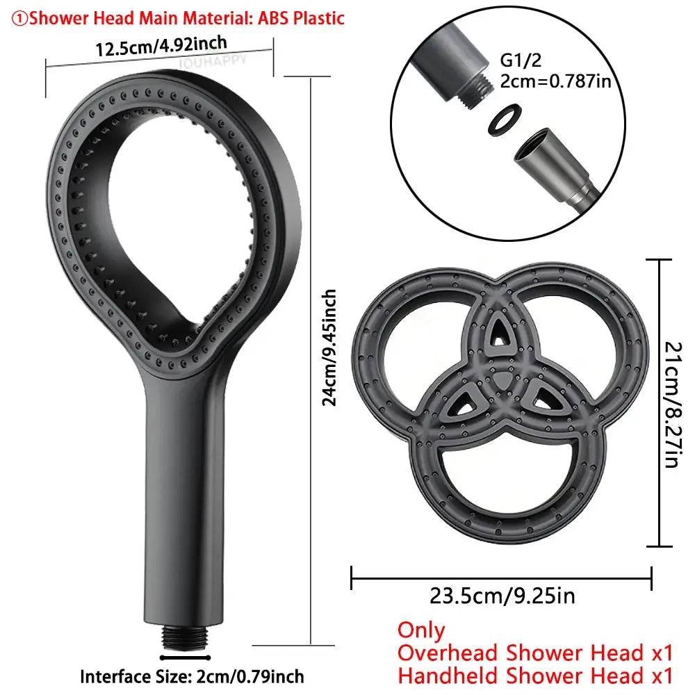 Simples Market high-pressure shower head set, 2-piece with overhead rain head and handheld head in black ABS plastic