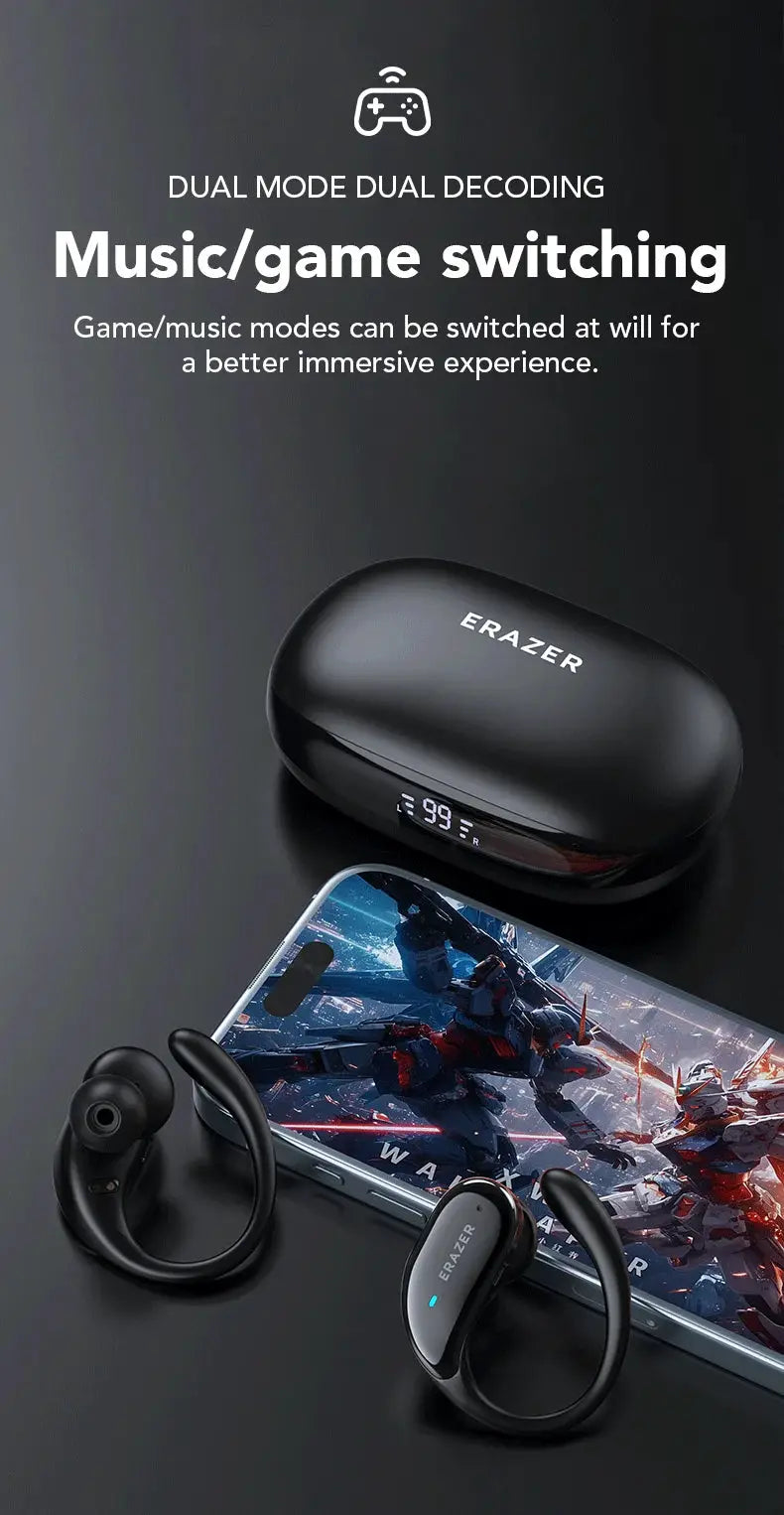 ERAZER XT80pro TWS AI Bluetooth earphones with charging case and earhooks, black by Simples Market