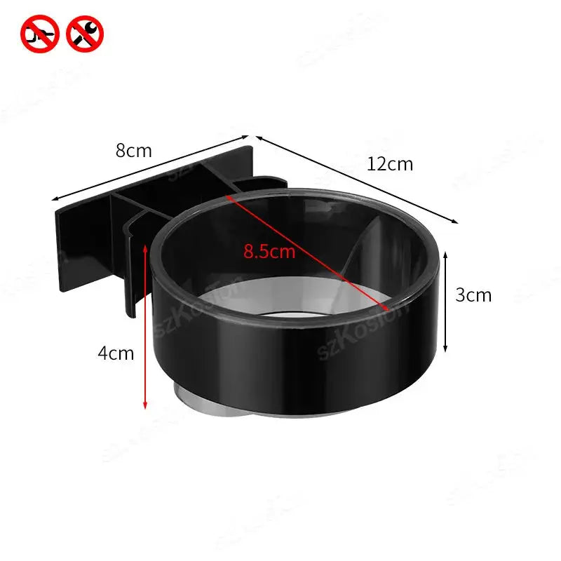 Hair dryer holder rack, black adhesive wall-mounted bathroom storage with circular cup