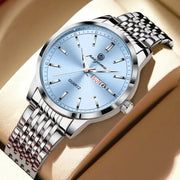 Men's luxury stainless steel quartz watch with light blue dial and date window by Simples Market