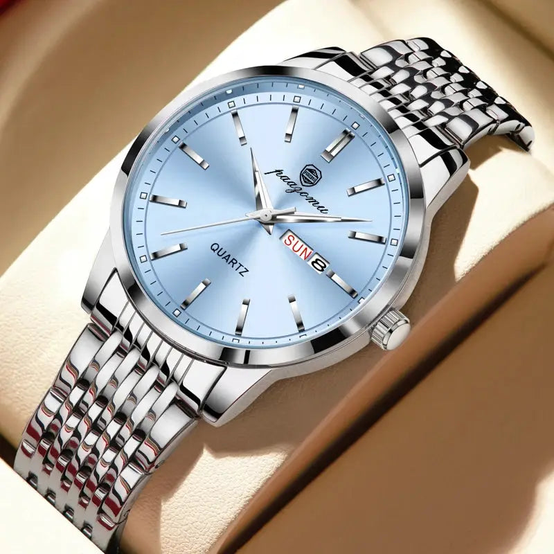 Men's luxury stainless steel quartz watch with light blue dial and date window by Simples Market