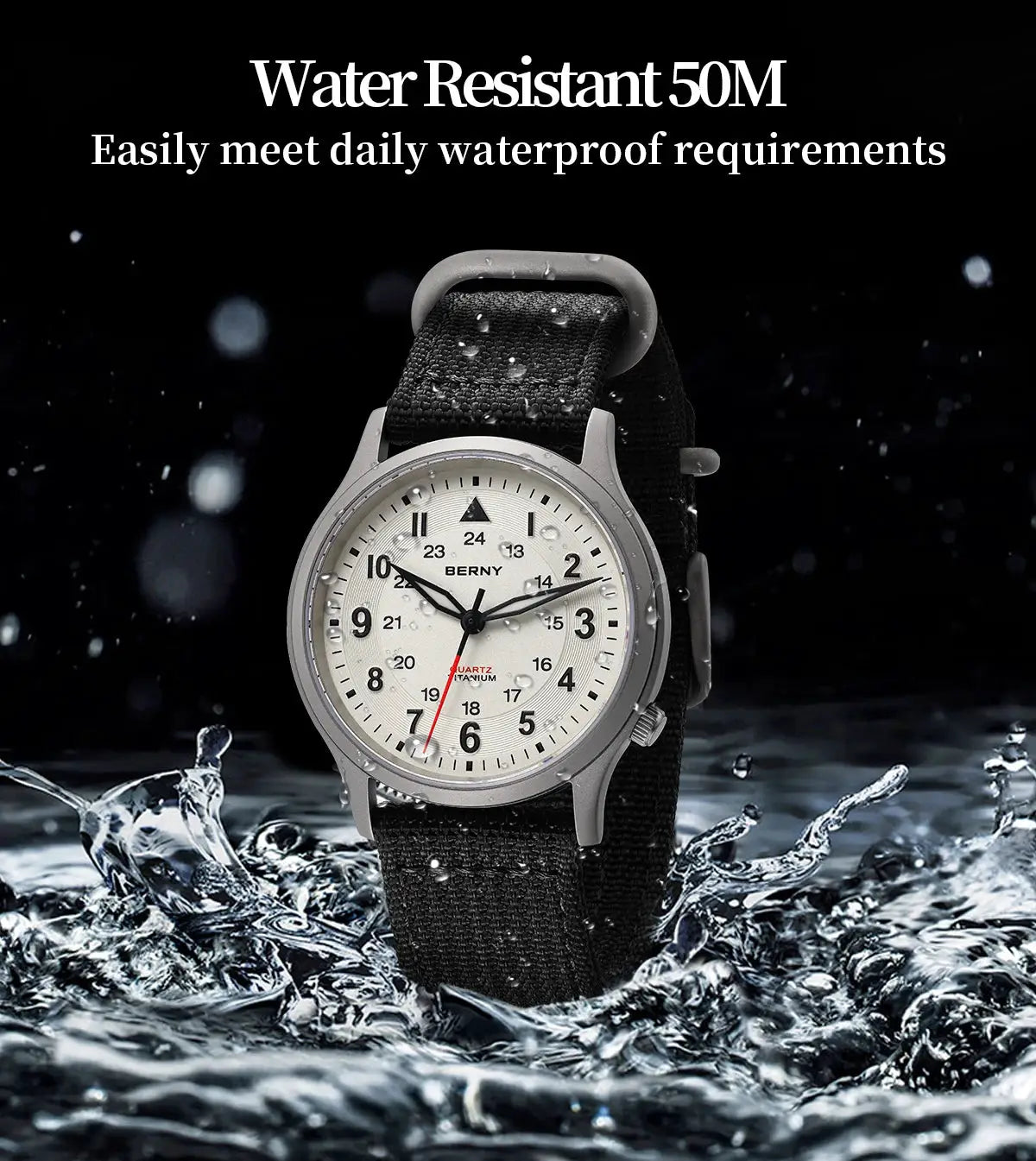 BERNY titanium men's field watch with white dial, black fabric strap, water resistant 50M.