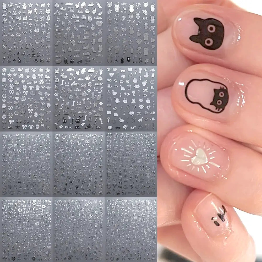12-sheet cartoon black cat nail sticker set by Simples Market for adhesive kawaii nail art decals