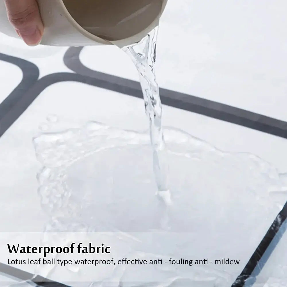 Shower curtain fabric by Simples Market, waterproof PE/EVA material, water test demonstration