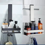 Movable bathroom shelf organizer in steel, dark gray and silver, wall-mounted shower storage (2 units)