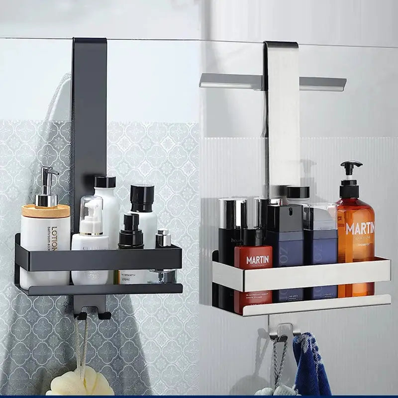 Movable bathroom shelf organizer in steel, dark gray and silver, wall-mounted shower storage (2 units)