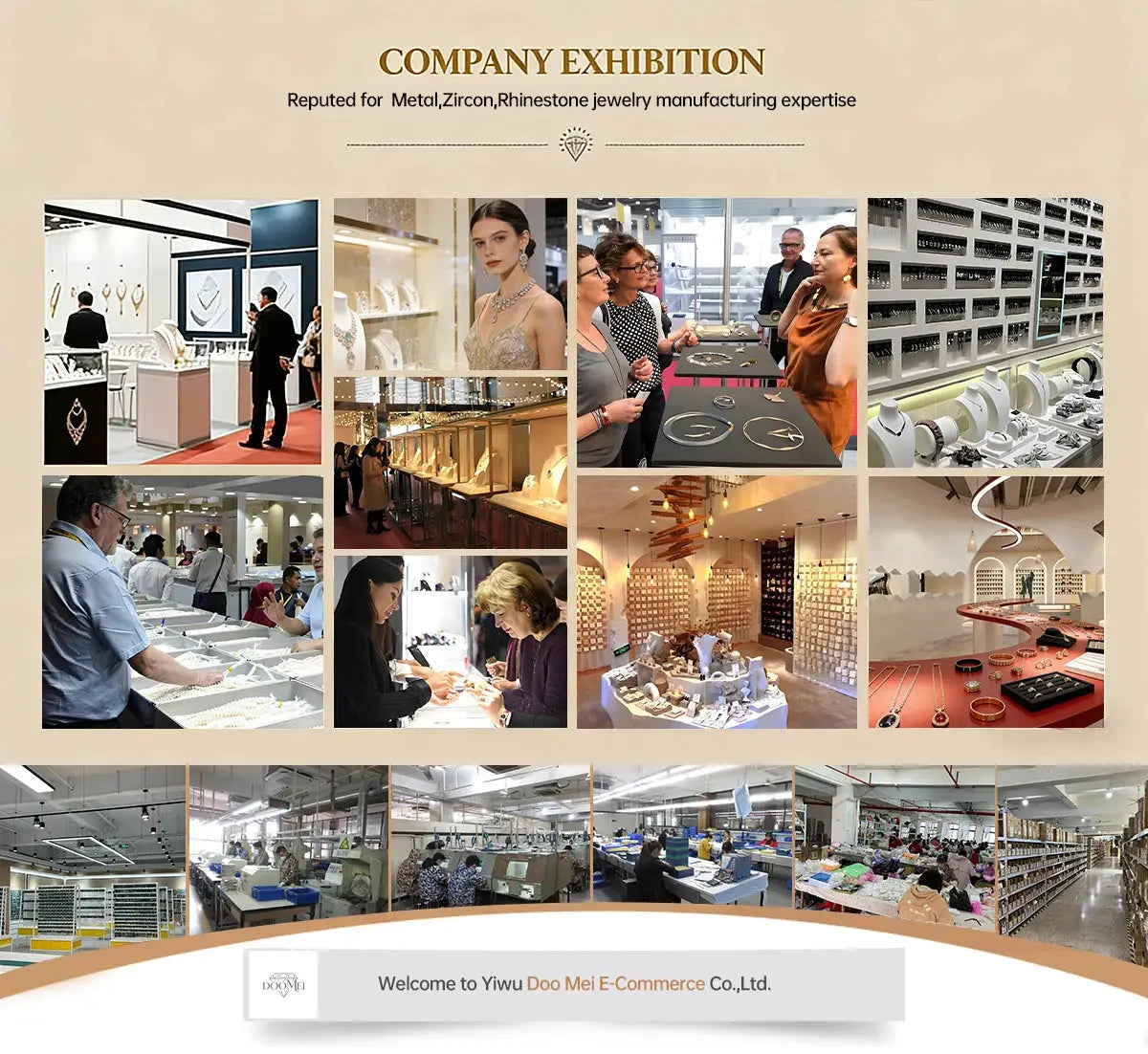 Jewelry exhibition collage by Simples Market showing booths, displays, and attendees.