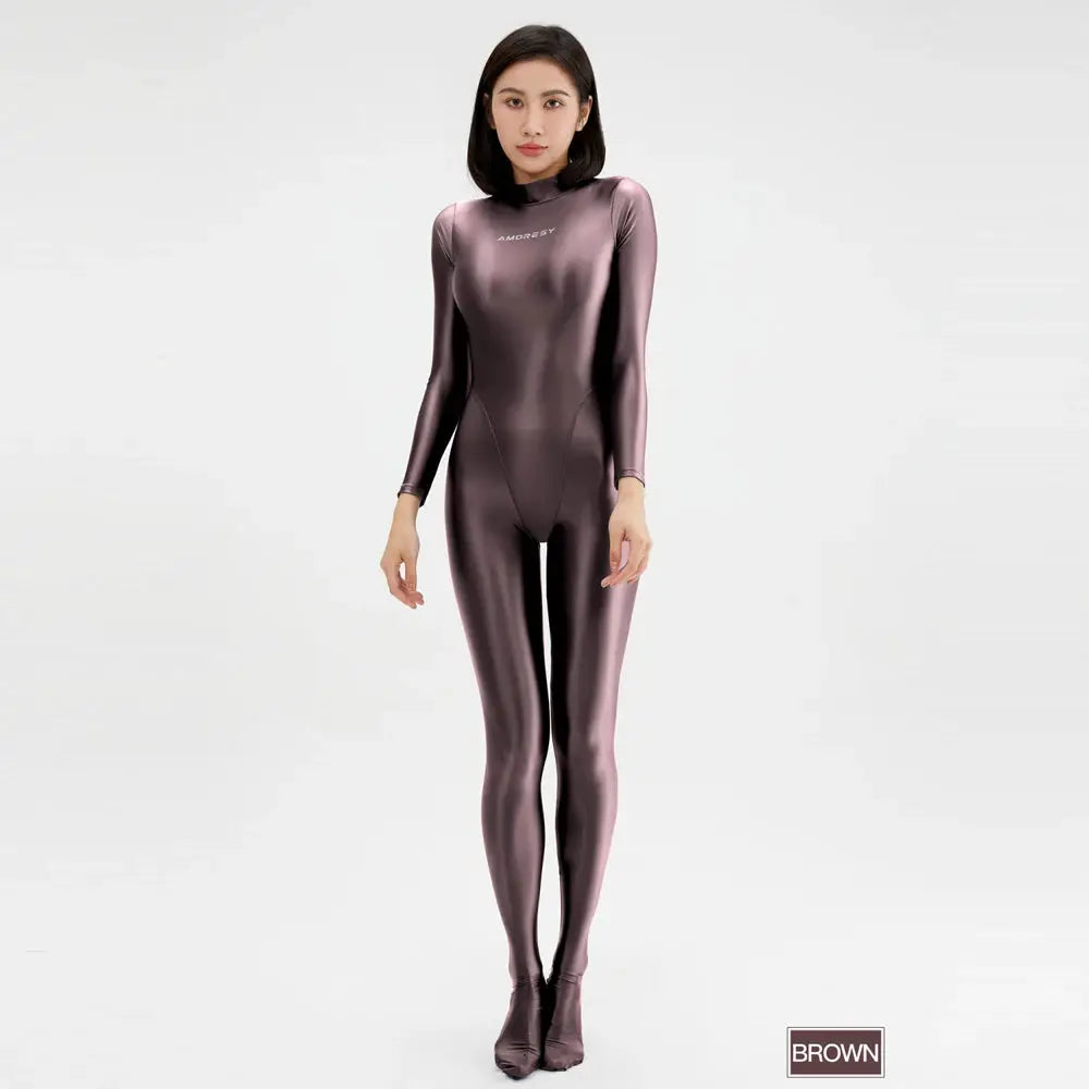 AMORESY women's brown glossy wetlook catsuit by Simples Market
