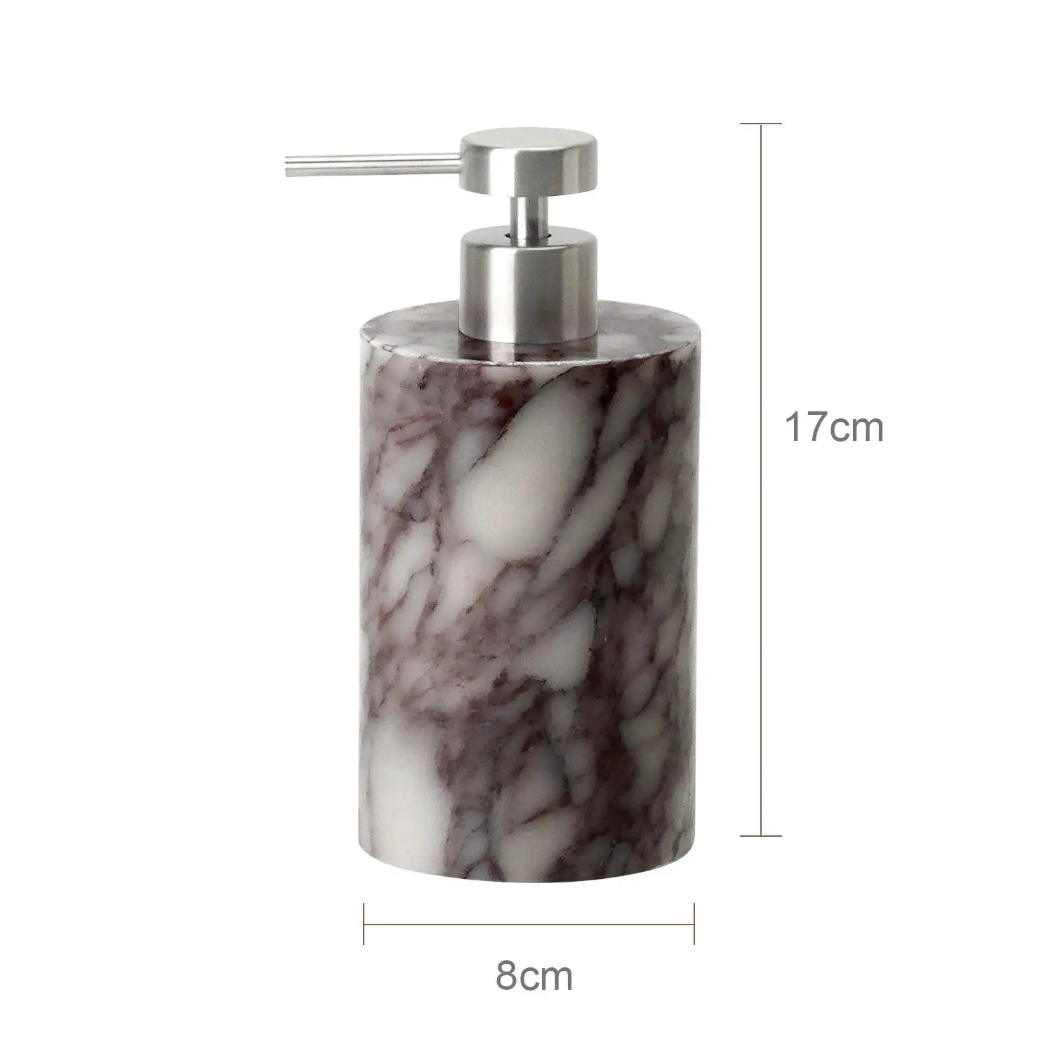 Marble soap dispenser Calacatta Viola with stainless steel pump; violet veining, 17 cm tall, 8 cm diameter