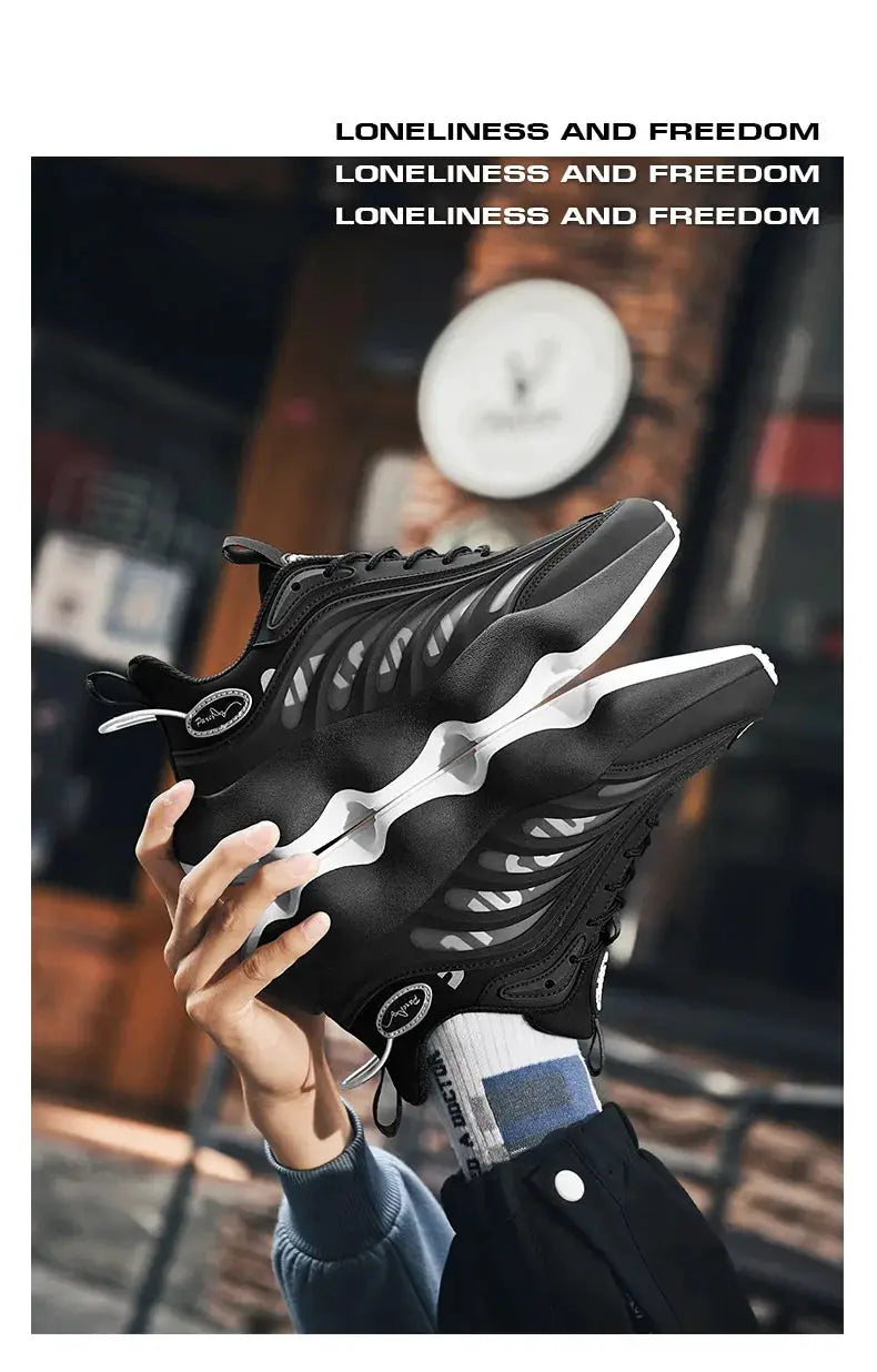 Simples Market men's black luxury sneakers with breathable cutout upper and chunky white sole