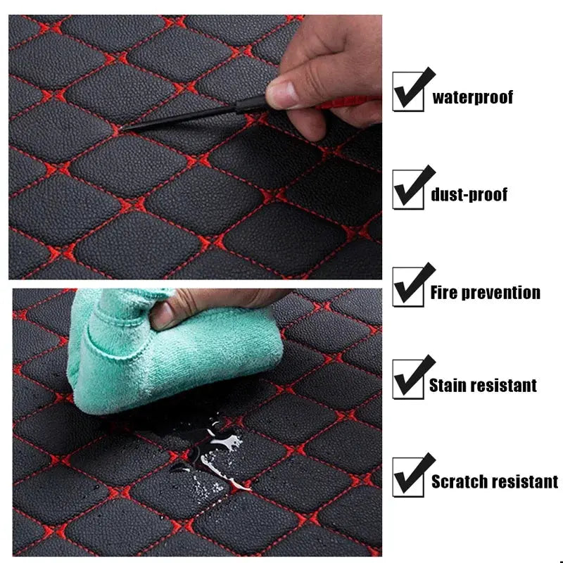 Car floor mats set by Simples Market, 4pcs universal PU leather, waterproof front and rear with red quilted stitching