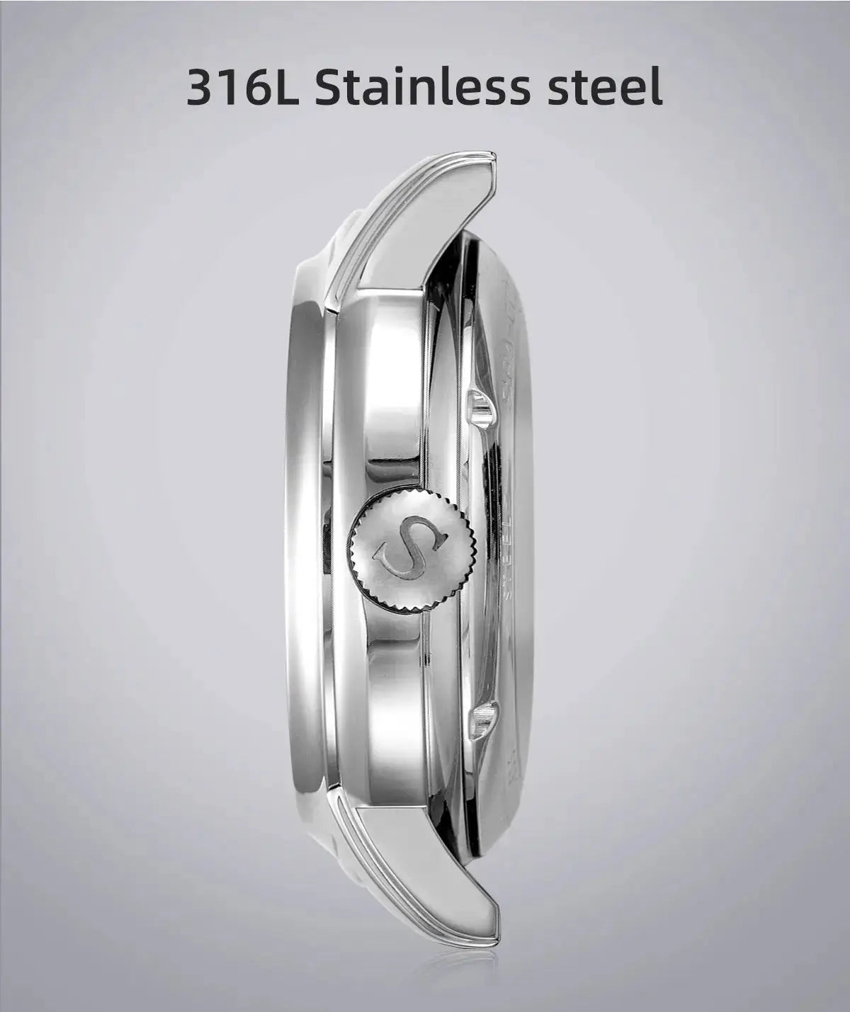 Men's stainless steel automatic wristwatch; polished silver case with S logo crown (side view)