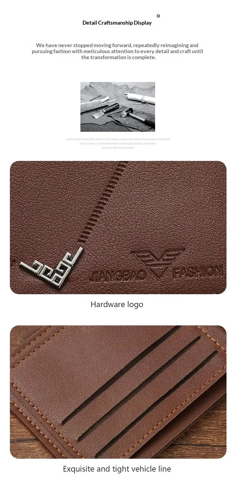 Slim brown leather men's wallet with RFID blocking; bifold front pocket with card slots, Jiangbao Fashion logo