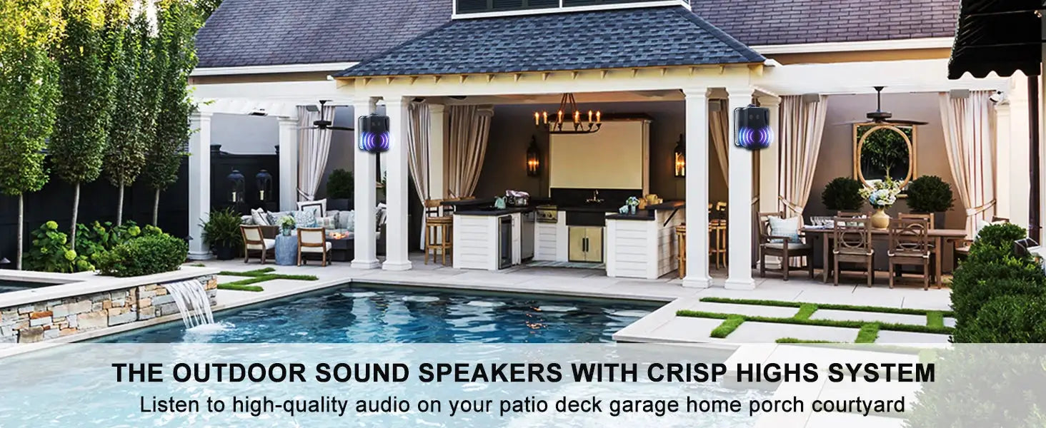 Two Herdio 3.5 inch passive outdoor speakers, black with blue LED glow, wall-mountable on patio columns