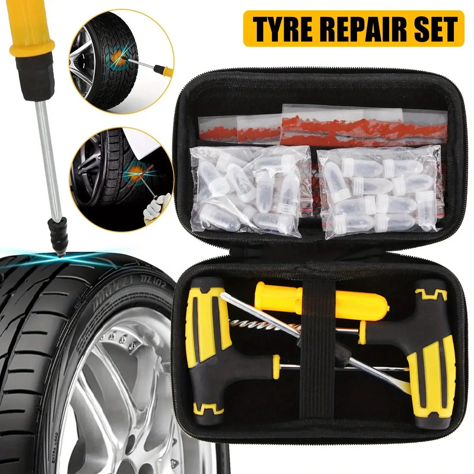 Emergency tire repair kit in black zip case with yellow-handled tools and repair strips