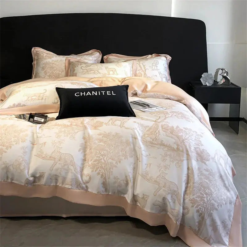 Simples Market eucalyptus Lyocell bedding set with leopard forest print duvet cover, sheets and pillowcases