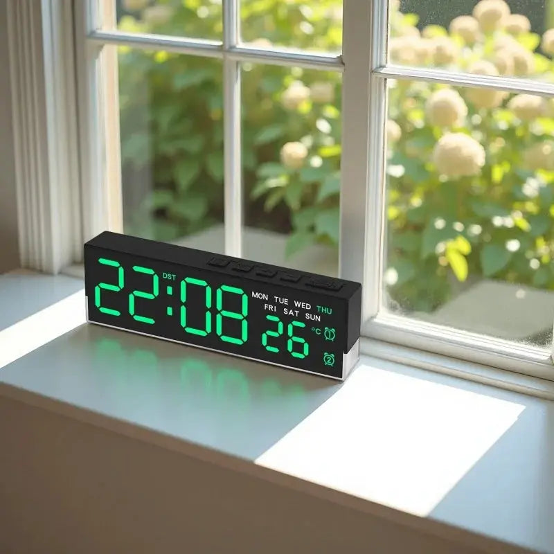 USB powered digital alarm clock with green LED display on black housing on a windowsill