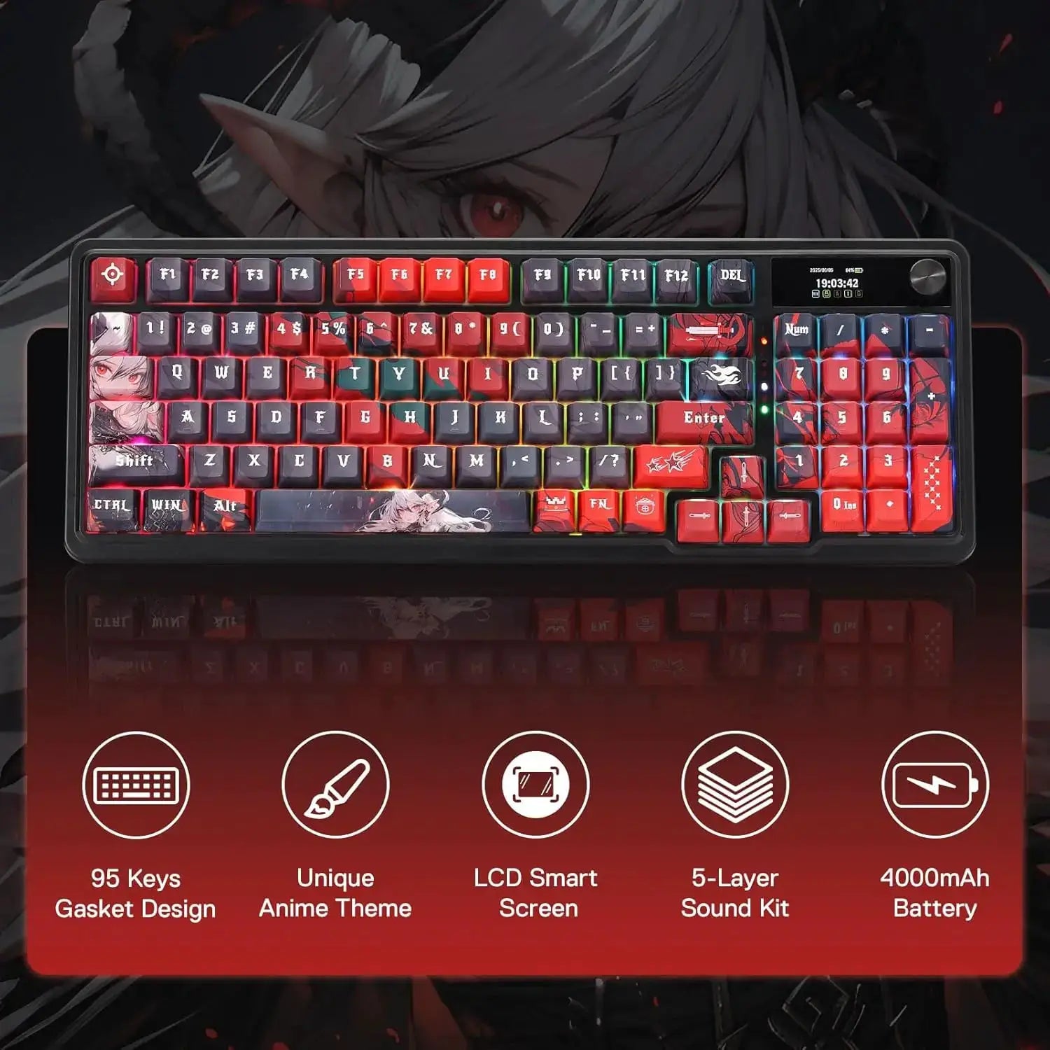 Redragon K719 PRO wireless gasket mechanical keyboard with anime-themed 95-key layout and 1.14-inch TFT display