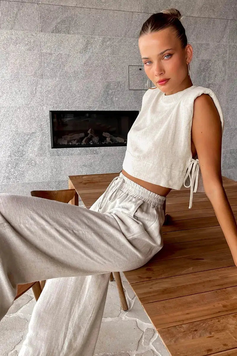 Linen Two Piece Pant Set With Crop Top For Women Spring Summer 2025